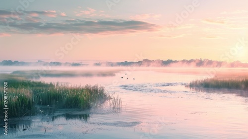 Serene highangle sunrise river landscape with bokeh effect photo