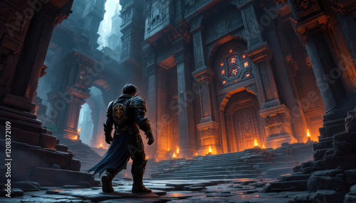 A digital art piece featuring a knight in armor standing in front of a grand, ornate building with a clock and a large archway. Pixel art background, pixel art wallpaper