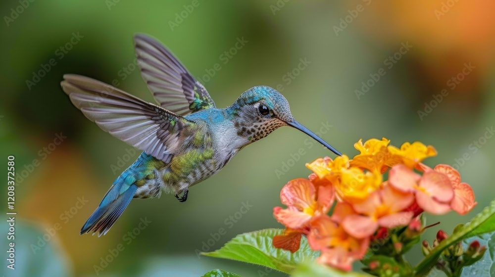 Naklejka premium Colorful hummingbird feeding from vibrant orange flowers in blurred nature background