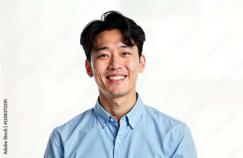 Smiling Korean man in casual attire. Studio shot against white background. Male model displays cheerful expression. Close-up portrait of happy person. Photogenic male portrait. Casual style. Light Smiling Korean man in casual attire. Studio shot against white background. Male model displays cheerful expression. Close-up portrait of happy person. Photogenic male portrait. Casual style. Light