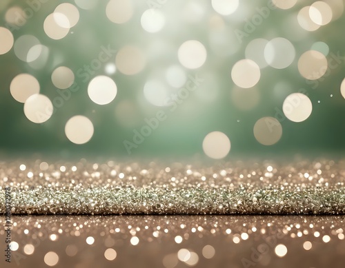 Sparkling Gold Glitter on a Soft Green Bokeh Background