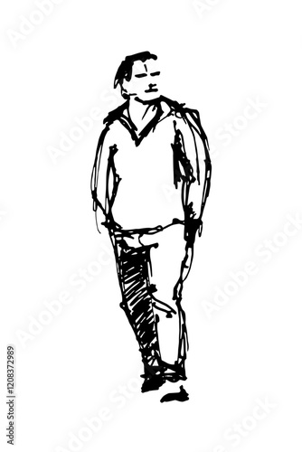 Man in a jacket walking forward, hands in his pockets. Full-body characters. Black and white hand-drawn sketch. Doodle style vector illustration.