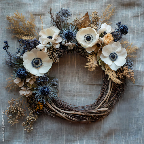 A rustic asymmetric wedding wreath featuring a combination of sun-bleached driftwood, white anemones, and muted blue thistles, accented with dried grasses, styled on a textured linen background photo