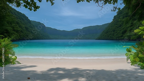 Serene Tropical Beach Cove Encircled by Lush Green Mountains