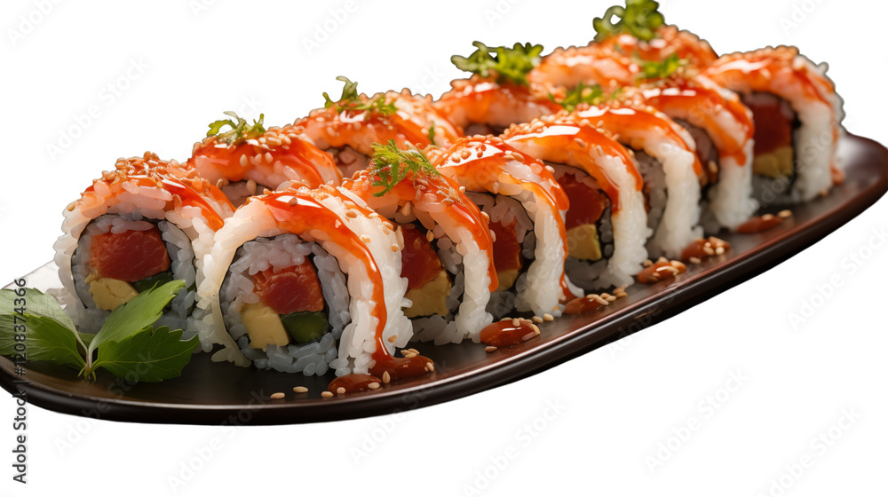 A sushi roll makizushi garnished with sesame seeds, perfect for Japanese cuisine and gourmet dining, studio view, isolated on transparent background. A sushi roll makizushi garnished with sesame seeds, perfect for Japanese cuisine and gourmet dining, studio view, isolated on transparent background.