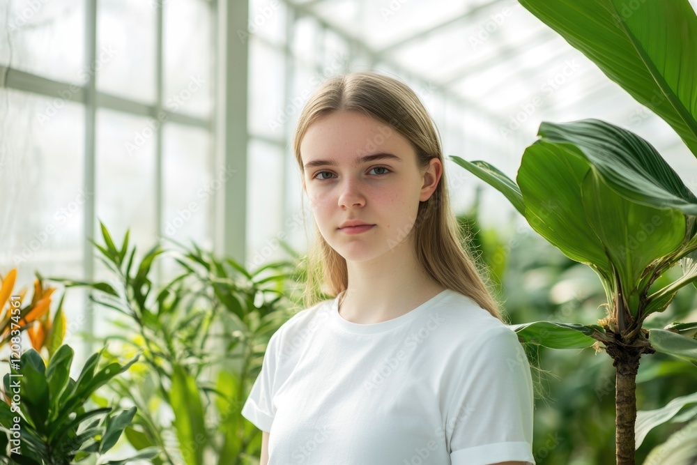 A person in a white shirt stands among greenery and plants in a glasshouse A person in a white shirt stands among greenery and plants in a glasshouse