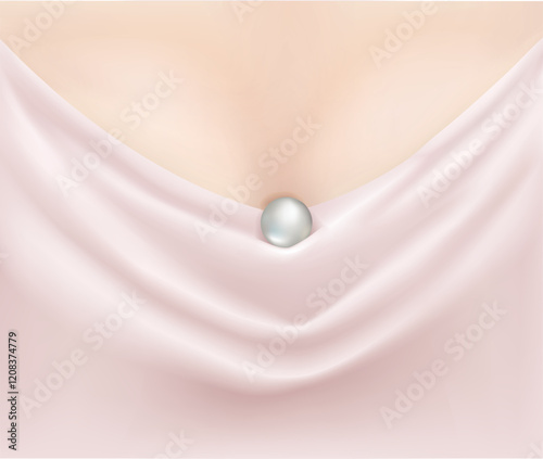 Beautiful big pearl over pleates of gentle pink silk textile background in the neckline. 3d vector illustration