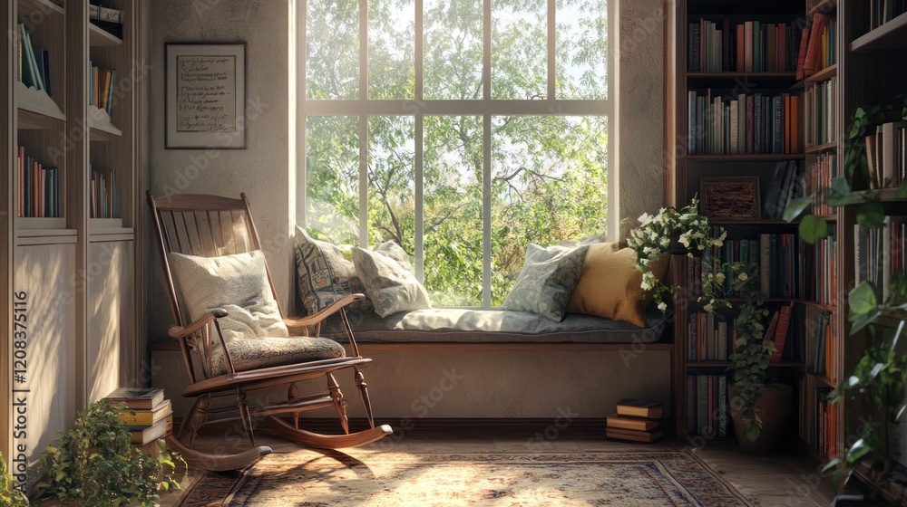 Serene Reading Nook: A sunlit haven for book lovers, featuring a rocking chair, window seat, and built-in bookshelves brimming with literary treasures. Serene Reading Nook: A sunlit haven for book lovers, featuring a rocking chair, window seat, and built-in bookshelves brimming with literary treasures.