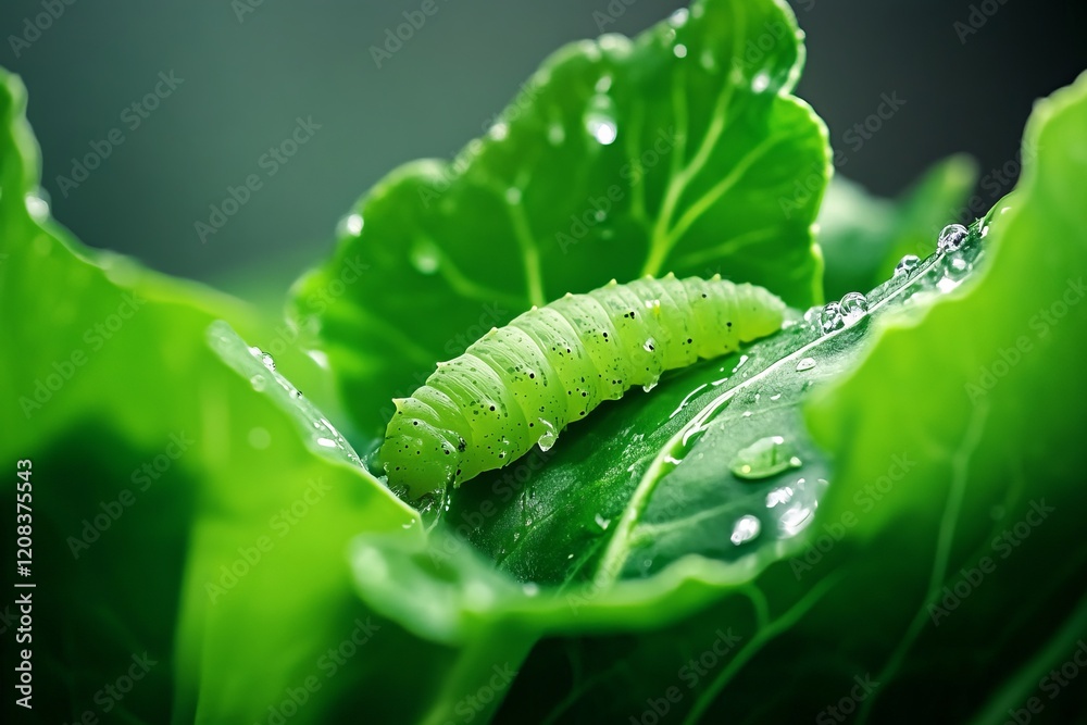 Caterpillar feeding on green leaves in a garden, showcasing pest infestation in agriculture. Caterpillar feeding on green leaves in a garden, showcasing pest infestation in agriculture.