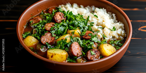 Hearty sausage and potato stew served with fluffy rice. A comforting and flavorful meal. photo