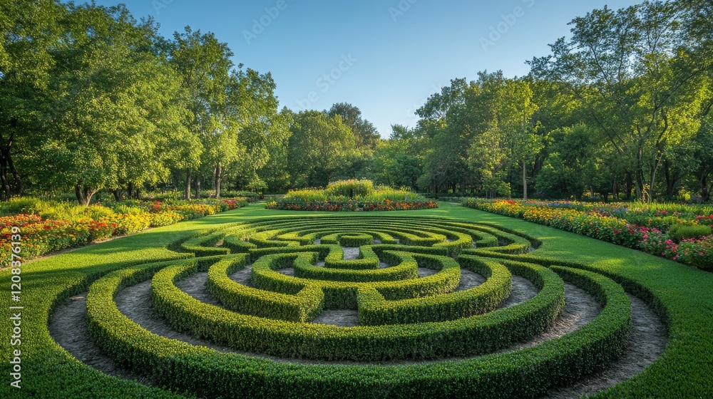 A beautifully designed green labyrinth in a park, with neatly trimmed hedges creating intricate paths, leading to a central open space surrounded by trees and colorful flowers A beautifully designed green labyrinth in a park, with neatly trimmed hedges creating intricate paths, leading to a central open space surrounded by trees and colorful flowers