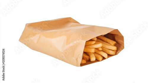 Crispy golden fries stuffed in a brown paper bag. Perfectly cooked and irresistibly delicious. Enjoy a snack anytime with these classic French fries. Generative AI photo