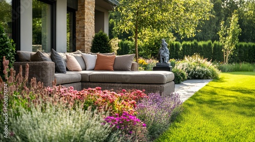 A beautifully designed landscape around a private house, featuring a spacious lawn, decorative garden statues, a variety of flowering plants space includes a cozy outdoor seating area with cushions photo