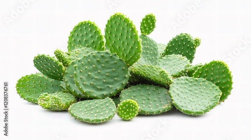 Isolated Opuntia Cactus with Vibrant Green Pads on White Background