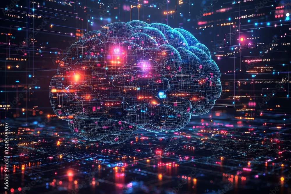 Obraz premium A vibrant illustration of a human brain with interconnected neural pathways, set in a starry cosmic scene