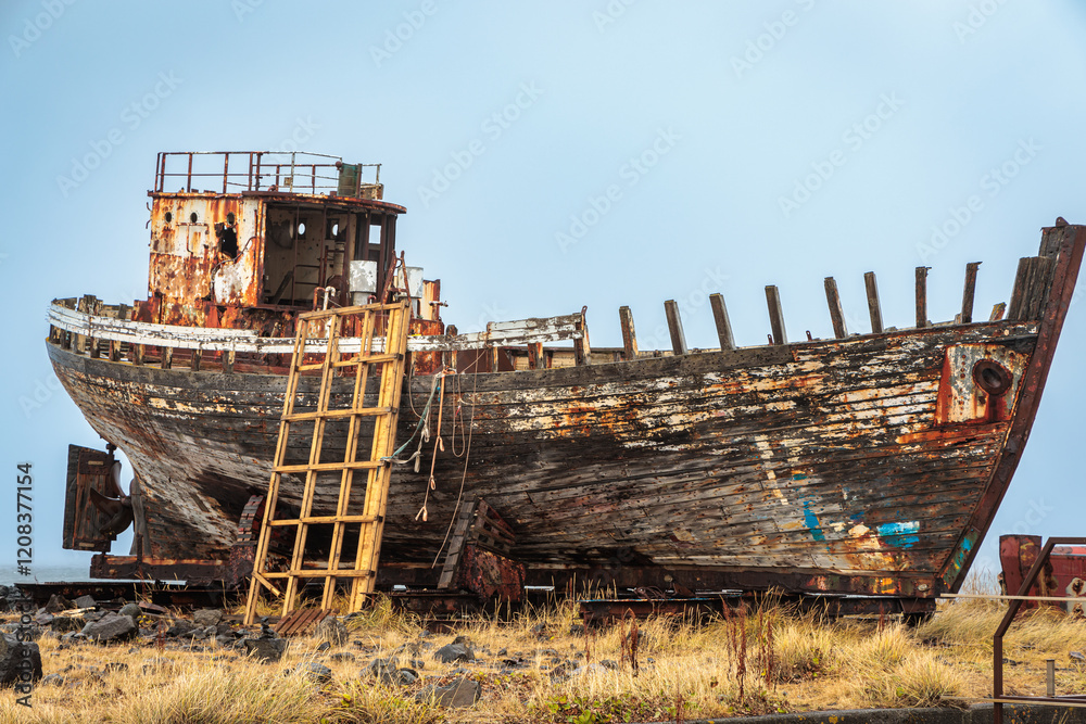 The wreck of an old fishing boat in the west of Iceland