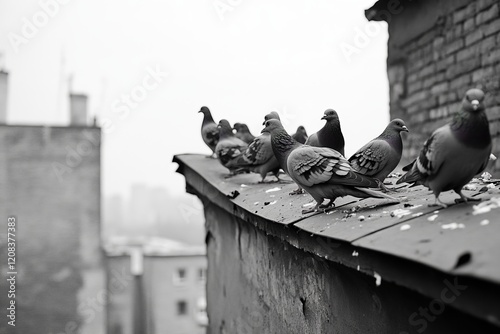 Pigeons perched on urban surfaces, depicting city wildlife and potential pest issues photo