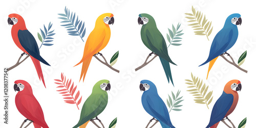 Colorful macaws perched on branches with tropical leaves. A vibrant illustration featuring diverse parrot species in a bright, cheerful style. photo