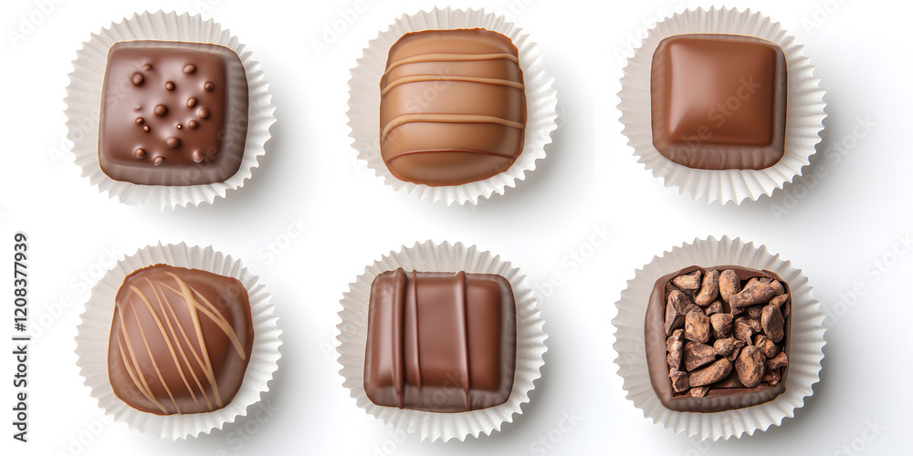 Fototapeta premium Assortment of gourmet chocolate squares, each with unique topping and textures, displayed against a clean white background.