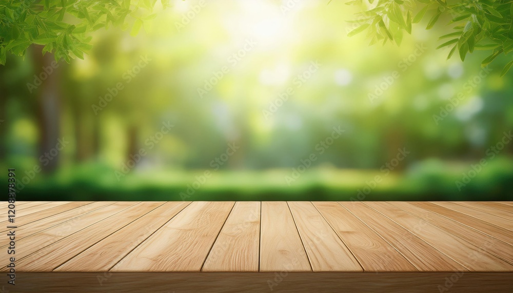 An empty wooden table on a wood terrace floor, with a stage-like setting and a blurred green park view, bathed in sunlight, creating a serene outdoor atmosphere. An empty wooden table on a wood terrace floor, with a stage-like setting and a blurred green park view, bathed in sunlight, creating a serene outdoor atmosphere.
