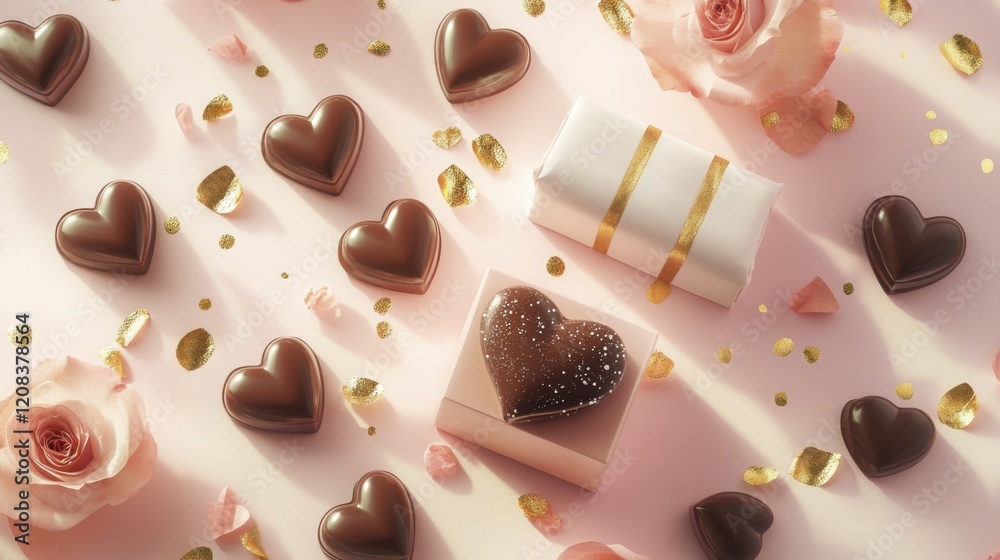 Fototapeta premium Romantic arrangement of heart-shaped chocolates and roses on pink background