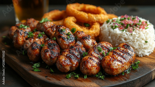 A hearty meal of sausages, chicken, and onion rings served with rice, accompanied by beer at an outd photo