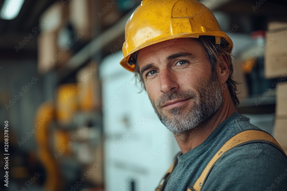A man in a hard hat stands in a warehouse, looking around A man in a hard hat stands in a warehouse, looking around