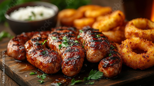 A hearty meal of sausages, chicken, and onion rings served with rice, accompanied by beer at an outd photo