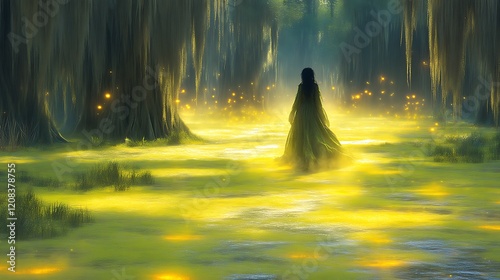 Woman Walks Through Magical Yellow Swamp Forest
