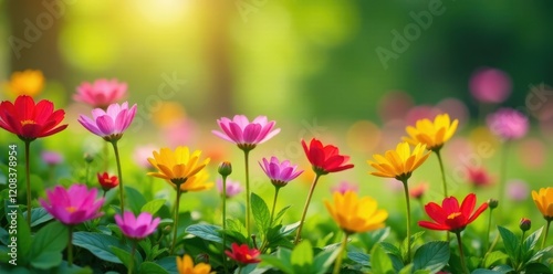 Rainbow-colored flowers blooming in a lush meadow, colorful flowers, green