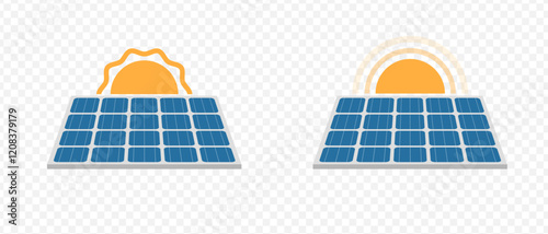 A high-quality solar panel isometric icons with sun. Solar battery panel. Green technology. Clean renewable energy. Eco energy