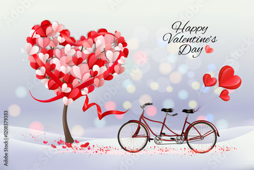 Valentine`s day background. Bicycle with tandem bicycle and tree with heart-shaped leaves. Vector