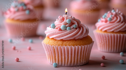 A birthday cupcake with a single candle set against a soft color background, minimalistic modern style with blurred edges and empty space for caption or message

