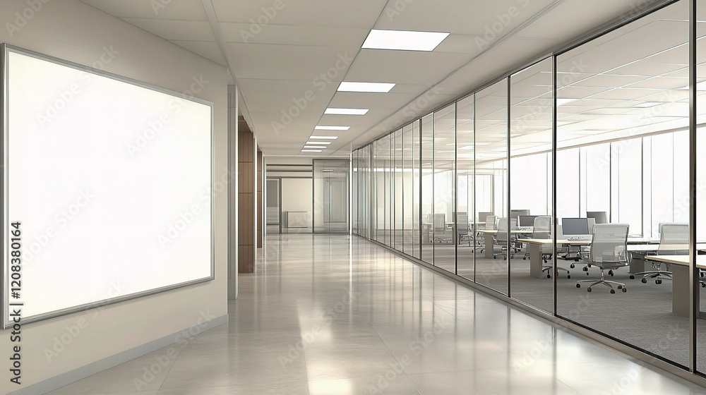 Fototapeta premium Blank White Poster on Grey Office Wall with Glass Partition View