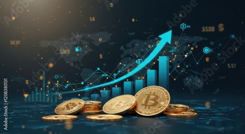 Abstract scene with flying Bitcoin coins and graphs showing the growth of cryptocurrencies