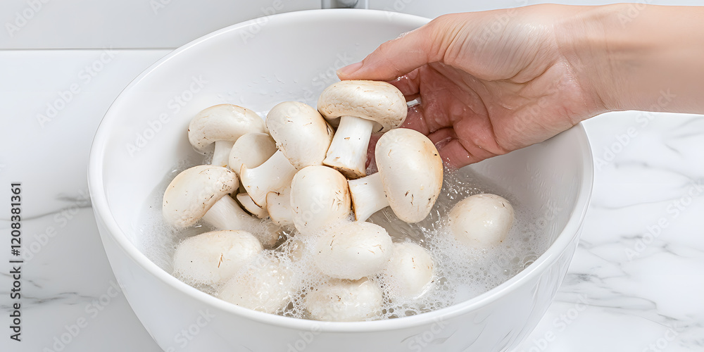 Washing fresh mushrooms in a bowl of water. Preparing ingredients for a delicious meal. Washing fresh mushrooms in a bowl of water. Preparing ingredients for a delicious meal.