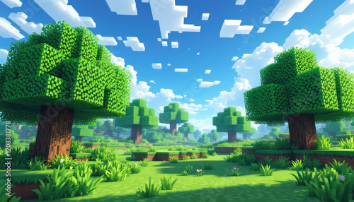 A digital illustration of a pixel art scene featuring a lush green landscape with trees and grass. Pixel art background, pixel art wallpaper