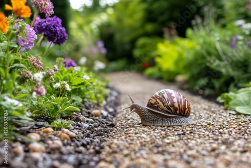 Snails as garden pests crawling on plants and paths, causing damage to vegetation. photo