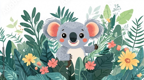 Adorable Koala Surrounded by Green Plants and Foliage in a Cartoon Forest Setting photo