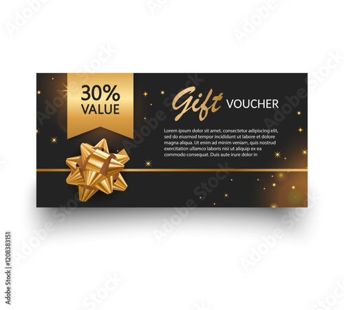 Gift voucher template with Gold realistic ribbon. Vector illustration. Design for invitation, certificate, gift coupon, ticket or voucher
