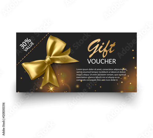Gift voucher template with Gold realistic ribbon. Vector illustration. Design for invitation, certificate, gift coupon, ticket or voucher