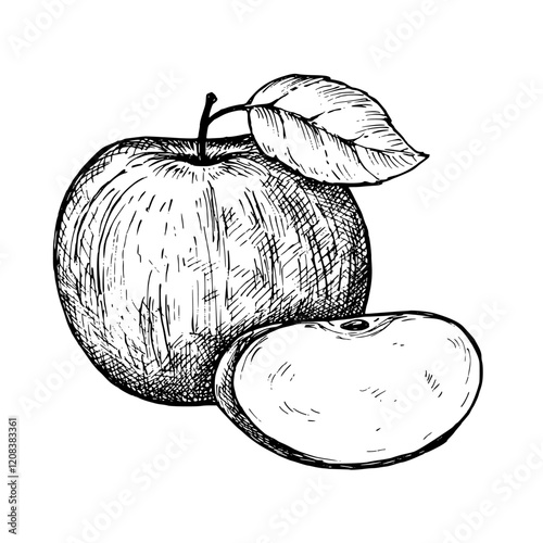 Apple fruit sketch ink graphic illustration, draft silhouette drawing, black on white line art. Botanical vintage etching food design.