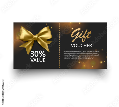 Gift voucher template with Gold realistic ribbon. Vector illustration. Design for invitation, certificate, gift coupon, ticket or voucher