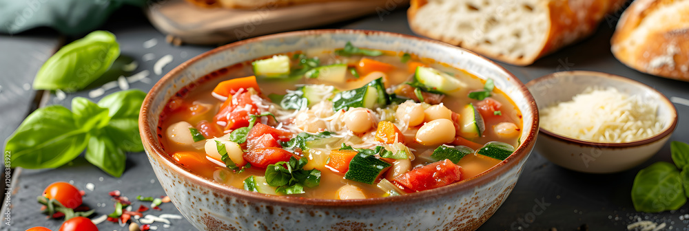 Healthy, Vibrant Minestrone Soup in a Rustic Setting with Fresh Ingredients Healthy, Vibrant Minestrone Soup in a Rustic Setting with Fresh Ingredients