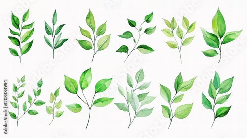 Set of Fresh Green Leaves Isolated on White Background