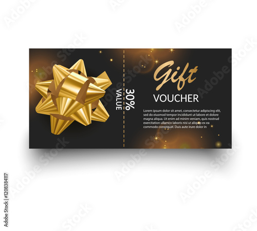 Gift voucher template with Gold realistic ribbon. Vector illustration. Design for invitation, certificate, gift coupon, ticket or voucher