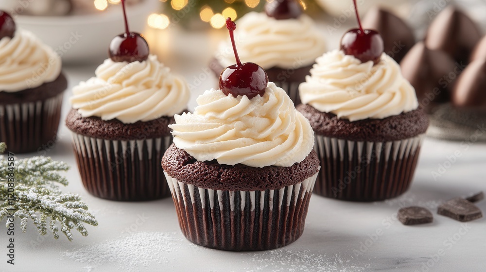 Decadent chocolate cupcakes with cherry-filled centers on a festive table ready for holiday celebration, dessert, pastry chef, confectionery Decadent chocolate cupcakes with cherry-filled centers on a festive table ready for holiday celebration, dessert, pastry chef, confectionery