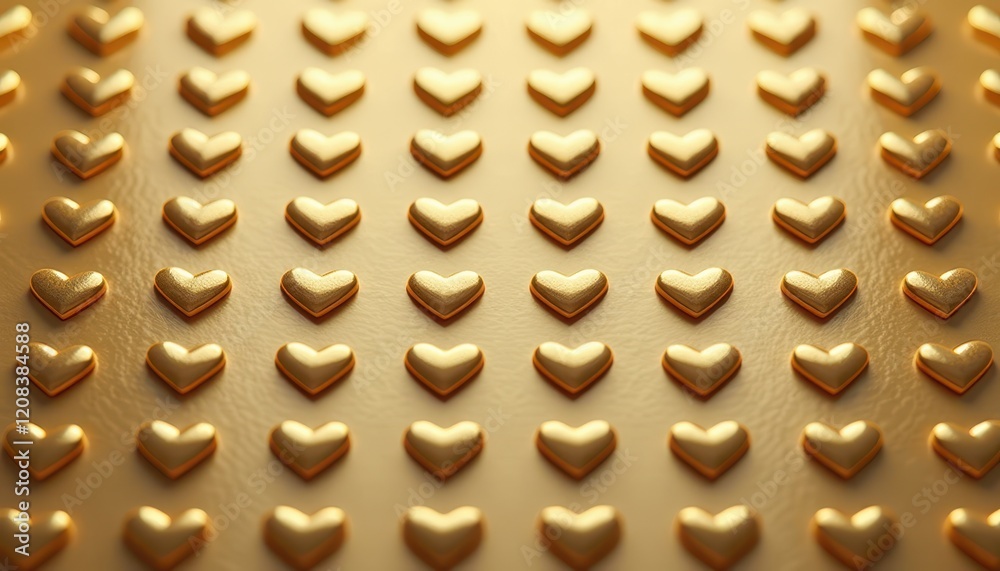 Fototapeta premium Close-Up: Gold Heart-Shaped Decorations Adorning a Wall with Glossy Reflections