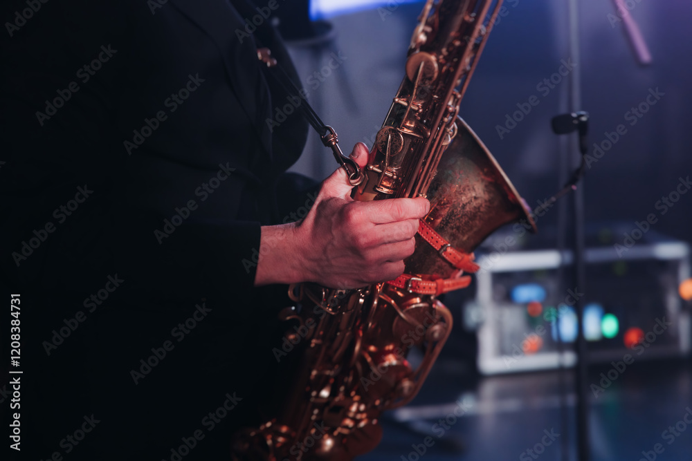 Fototapeta premium Concert view of saxophonist musician, saxophone sax player with vocalist and musical band during jazz orchestra show performing music on a stage in the scene lights, concert in a musical club hall
