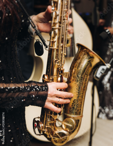 Concert view of female saxophonist musician, saxophone sax player woman with vocalist and musical band during jazz orchestra show, performing music on a scene in the stage lights in a musical club